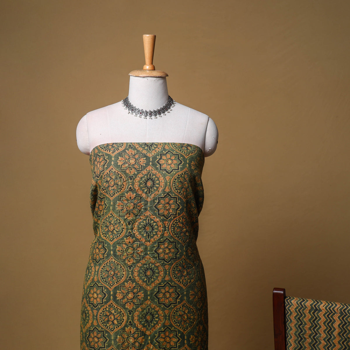 Woolen Ajrakh Hand Block Print Unstitched Dress Material: Kurta, Bottom with Dupatta 04