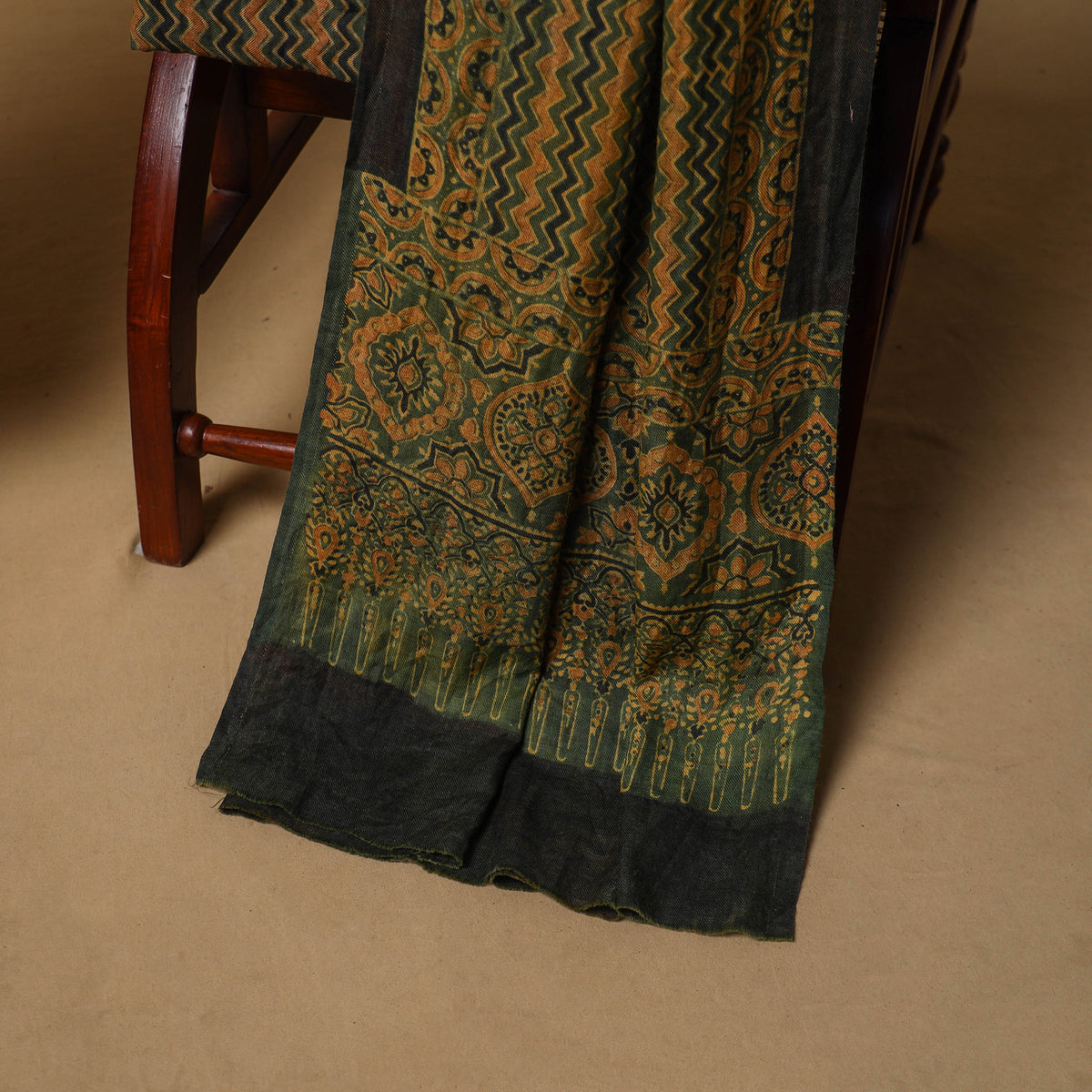 Woolen Ajrakh Hand Block Print Unstitched Dress Material: Kurta, Bottom with Dupatta 04