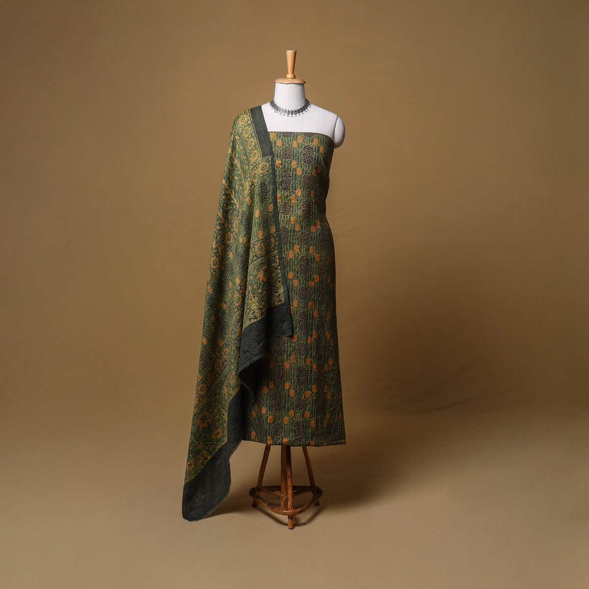 Woolen Ajrakh Hand Block Print Unstitched Dress Material: Kurta, Bottom with Dupatta 05