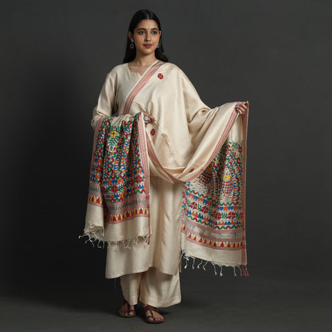 Beige - Madhubani Handpainted Tussar Cotton Handloom Dobby Border Dupatta with Tassels