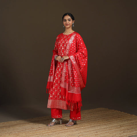 Red - Banarasi Brocade Katan Silk Suit Set with Dupatta for Women 11