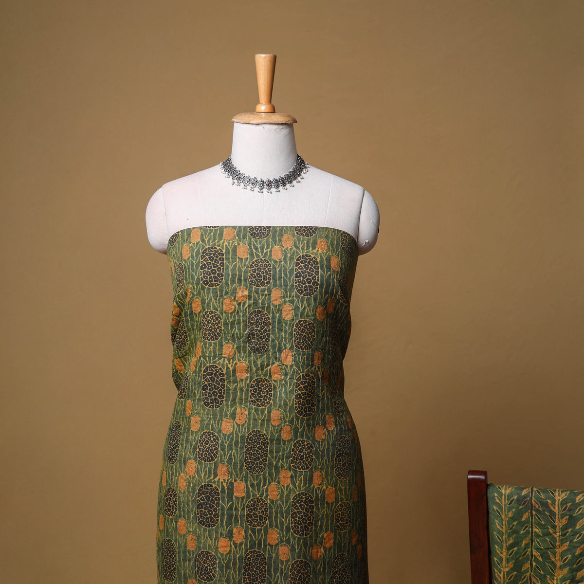 Woolen Ajrakh Hand Block Print Unstitched Dress Material: Kurta, Bottom with Dupatta 05