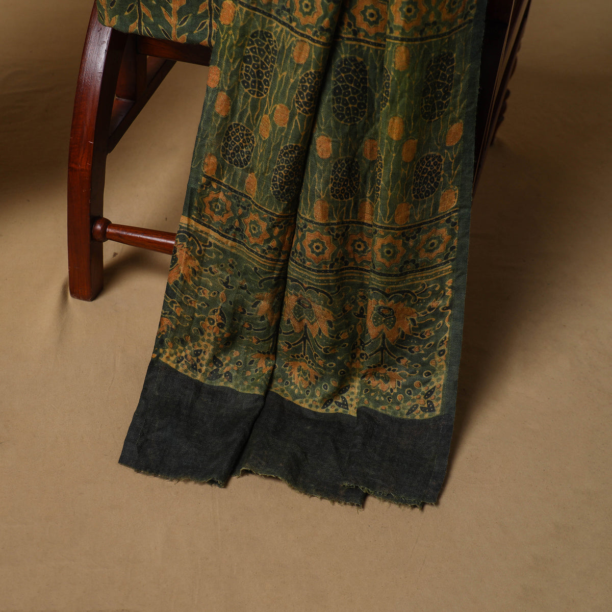 Woolen Ajrakh Hand Block Print Unstitched Dress Material: Kurta, Bottom with Dupatta 05