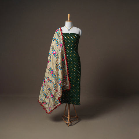 Green - Bandhani Cotton Unstitched Dress Material: Kurta & Dupatta with Jewellery 19