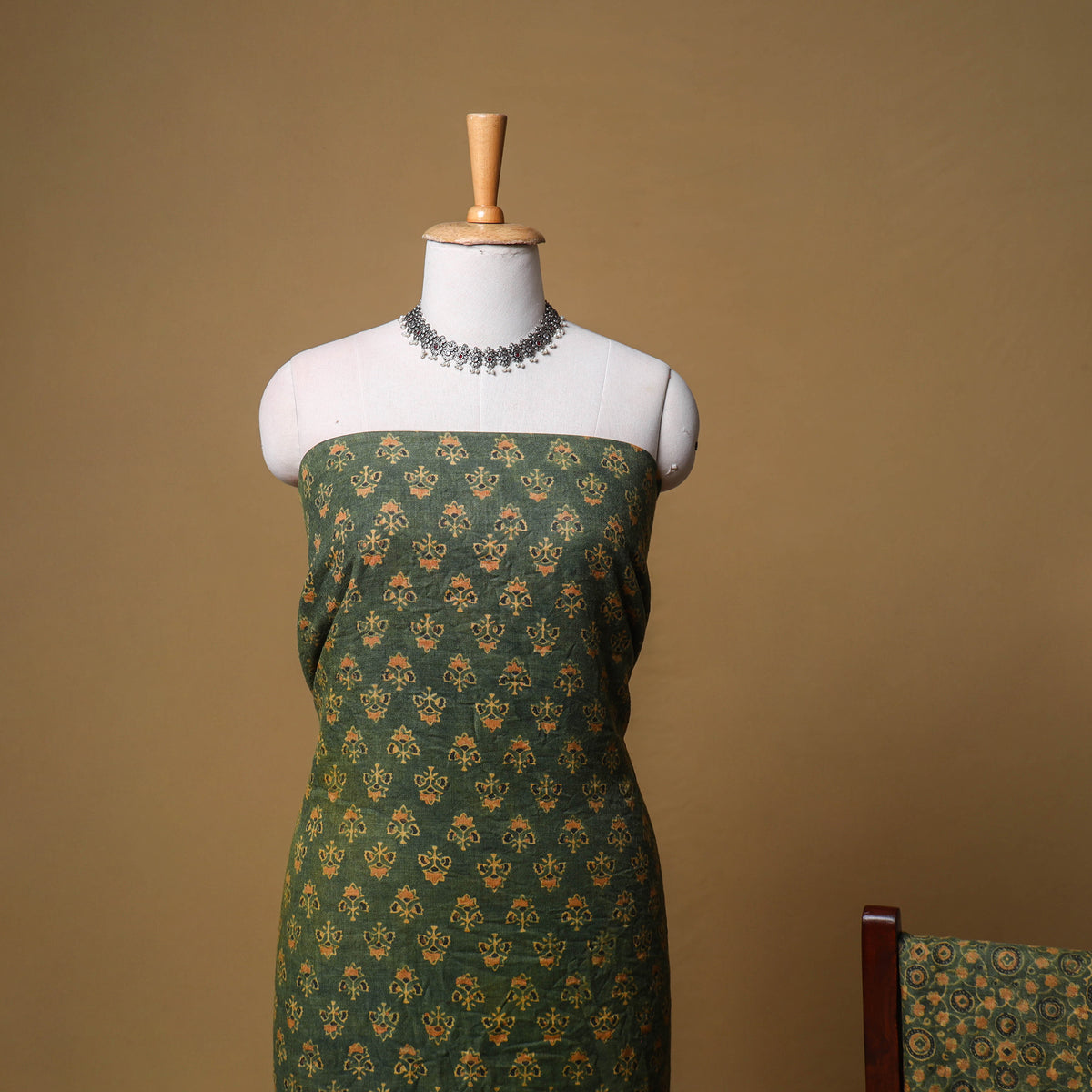 Woolen Ajrakh Hand Block Print Unstitched Dress Material: Kurta, Bottom with Dupatta 06