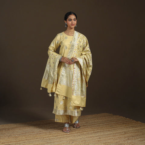 Yellow - Banarasi Brocade Chiniya Silk Suit Set with Dupatta for Women 10