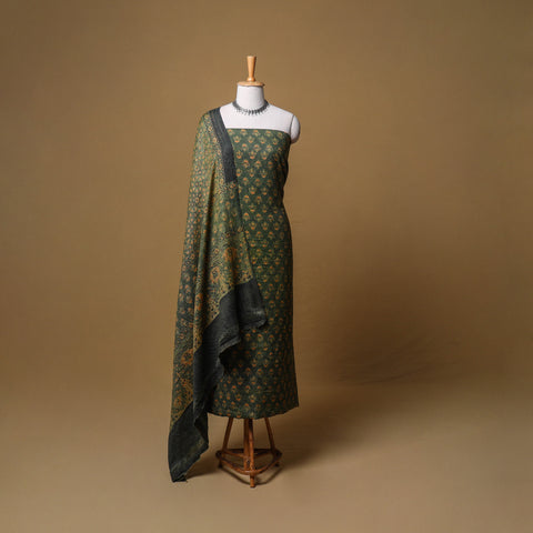 Woolen Ajrakh Hand Block Print Unstitched Dress Material: Kurta, Bottom with Dupatta 06