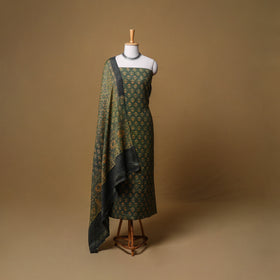 Woolen Ajrakh Hand Block Print Unstitched Dress Material: Kurta, Bottom with Dupatta 06