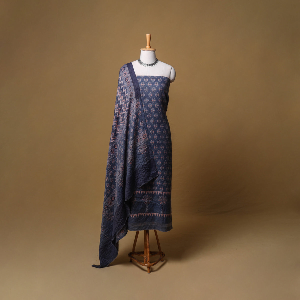 Woolen Ajrakh Hand Block Print Unstitched Dress Material: Kurta, Bottom with Dupatta 07