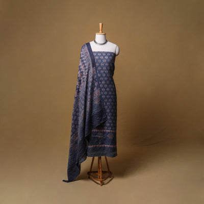 Woolen Ajrakh Hand Block Print Unstitched Dress Material: Kurta, Bottom with Dupatta 07