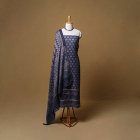 Woolen Ajrakh Hand Block Print Unstitched Dress Material: Kurta, Bottom with Dupatta 07