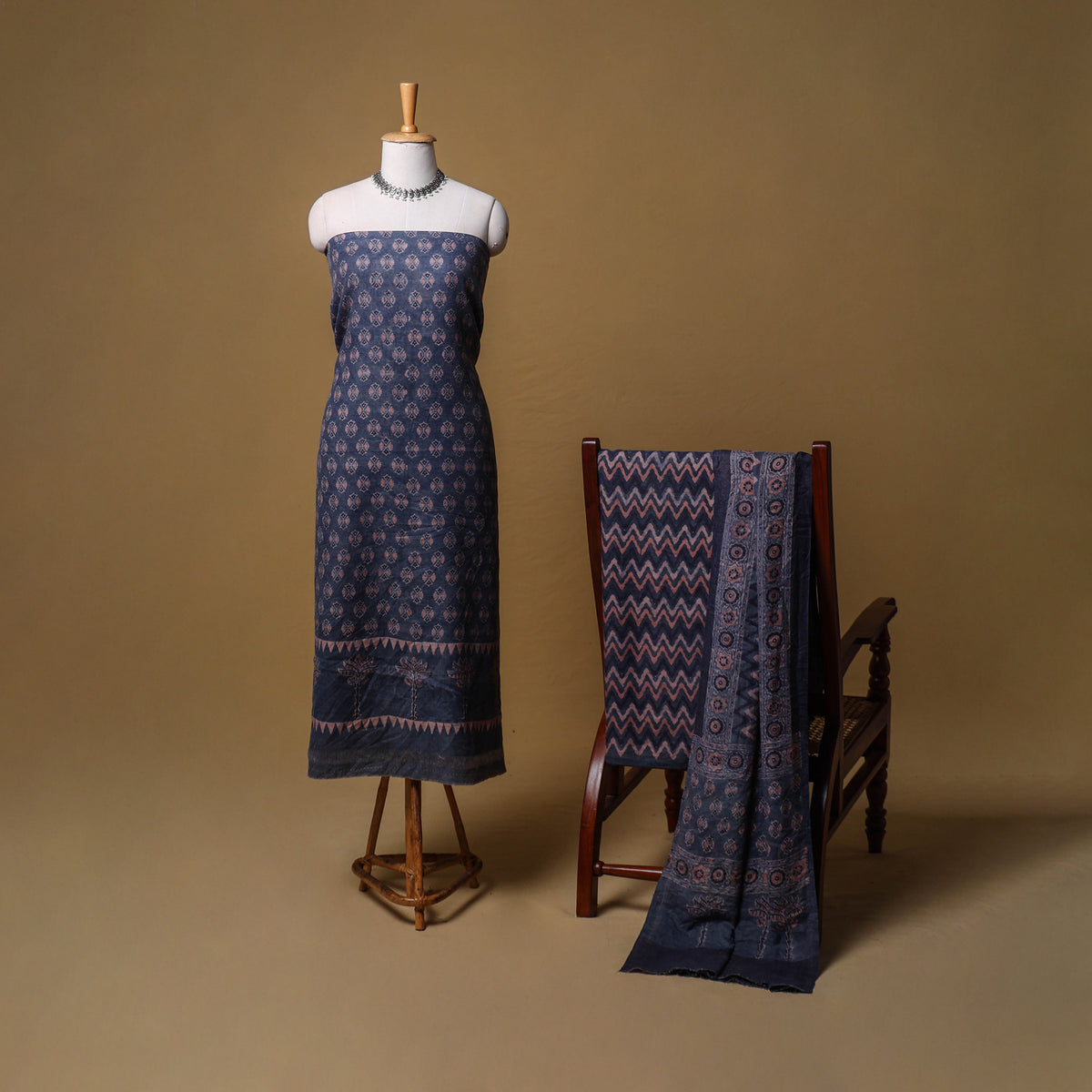 Woolen Ajrakh Hand Block Print Unstitched Dress Material: Kurta, Bottom with Dupatta 07