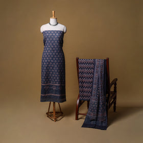 Woolen Ajrakh Hand Block Print Unstitched Dress Material: Kurta, Bottom with Dupatta 07