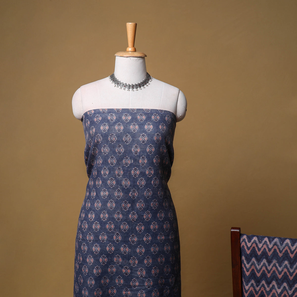 Woolen Ajrakh Hand Block Print Unstitched Dress Material: Kurta, Bottom with Dupatta 07