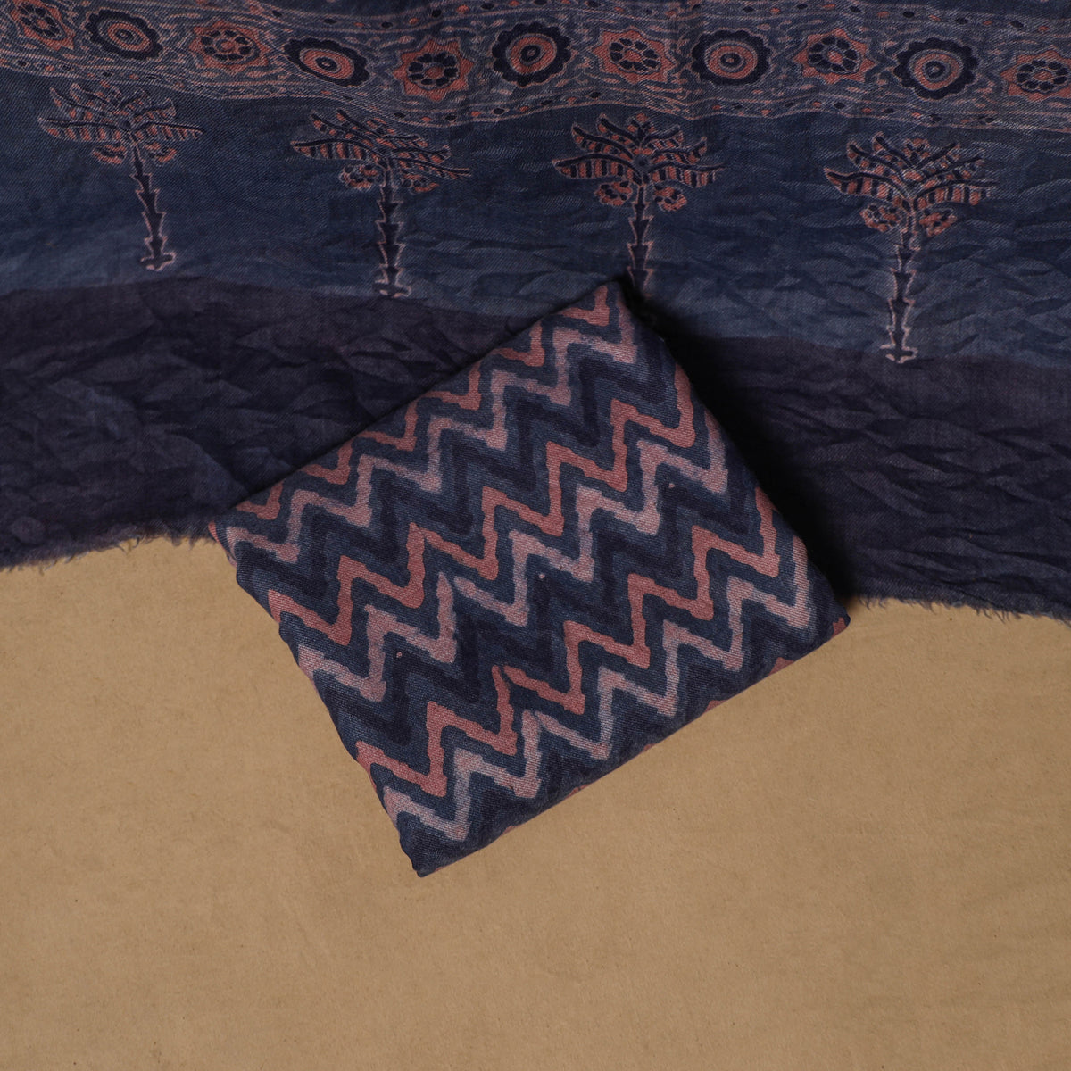 Woolen Ajrakh Hand Block Print Unstitched Dress Material: Kurta, Bottom with Dupatta 07