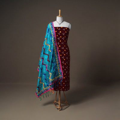 Bandhani Cotton Unstitched Dress Material: Kurta & Dupatta with Jewellery 21