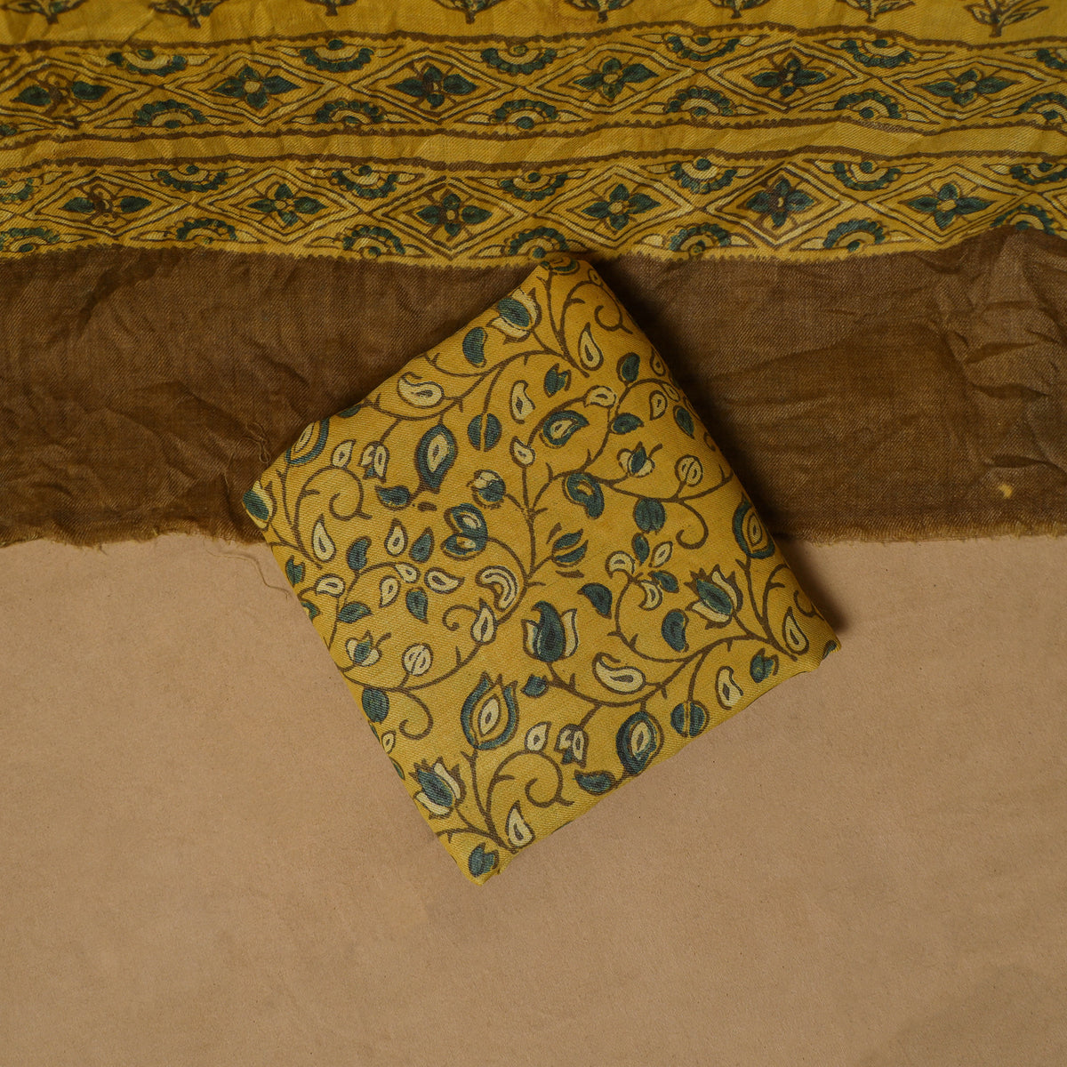 Woolen Ajrakh Hand Block Print Unstitched Dress Material: Kurta, Bottom with Dupatta 08