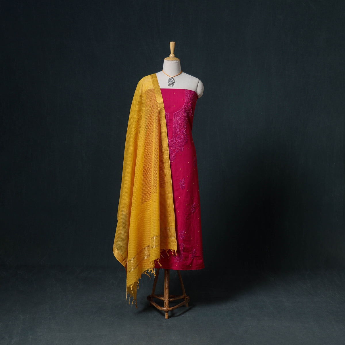 Lucknowi Chikankari Hand Work Unstitched Dress Material: Kurta & Dupatta with Jewellery 29