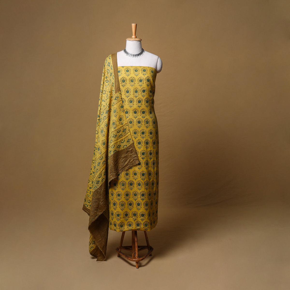 Woolen Ajrakh Hand Block Print Unstitched Dress Material: Kurta, Bottom with Dupatta 08