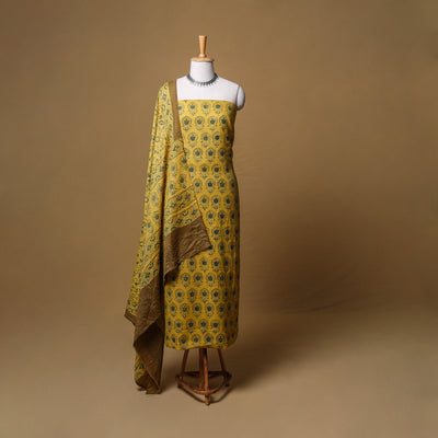 Woolen Ajrakh Hand Block Print Unstitched Dress Material: Kurta, Bottom with Dupatta 08