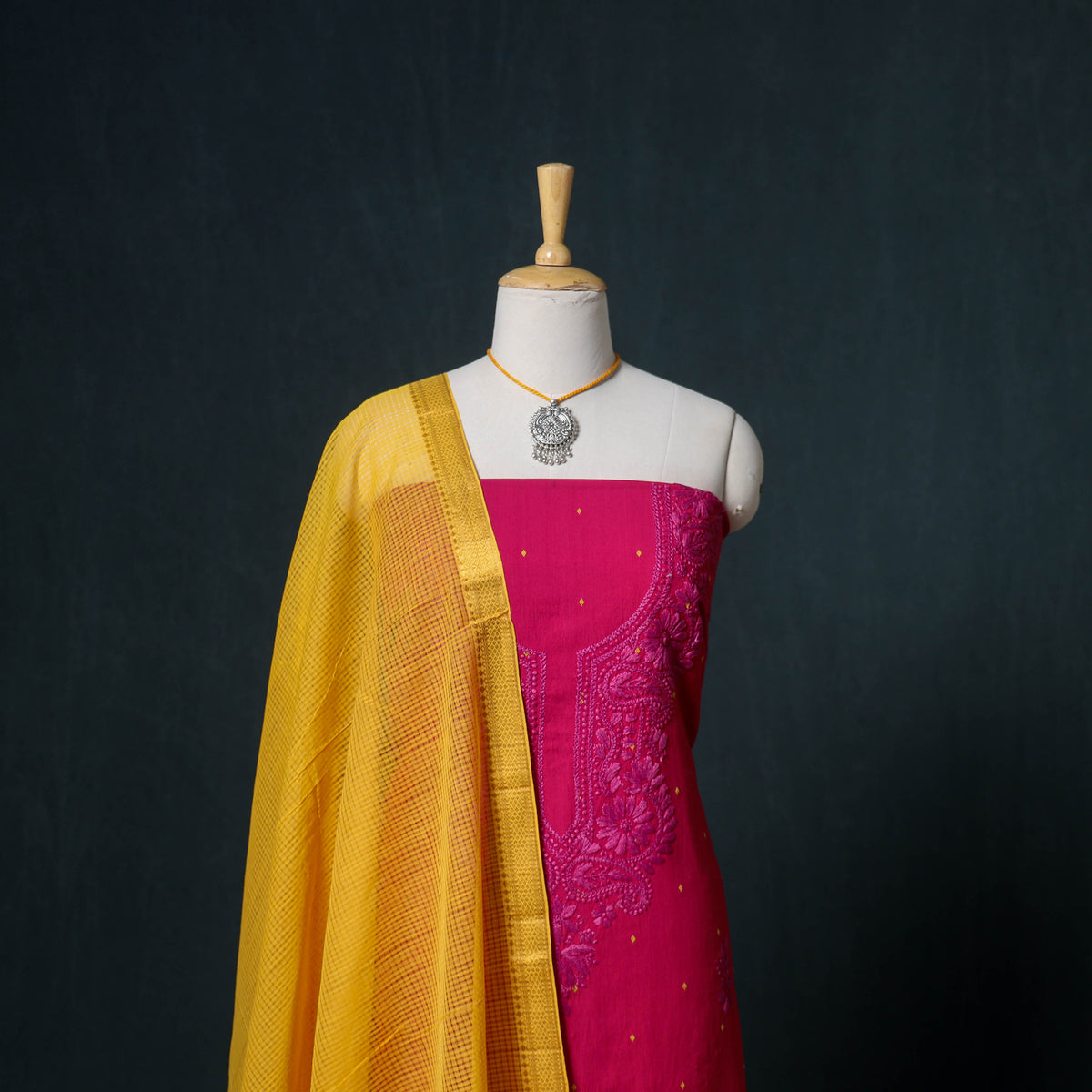 Lucknowi Chikankari Hand Work Unstitched Dress Material: Kurta & Dupatta with Jewellery 29