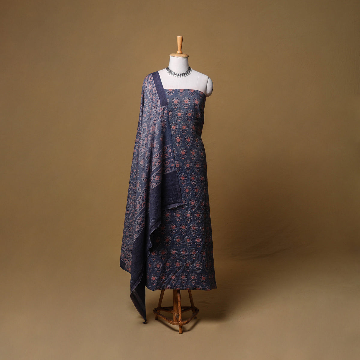 Woolen Ajrakh Hand Block Print Unstitched Dress Material: Kurta, Bottom with Dupatta 09