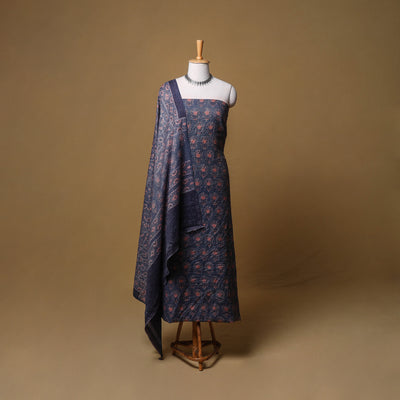 Woolen Ajrakh Hand Block Print Unstitched Dress Material: Kurta, Bottom with Dupatta 09
