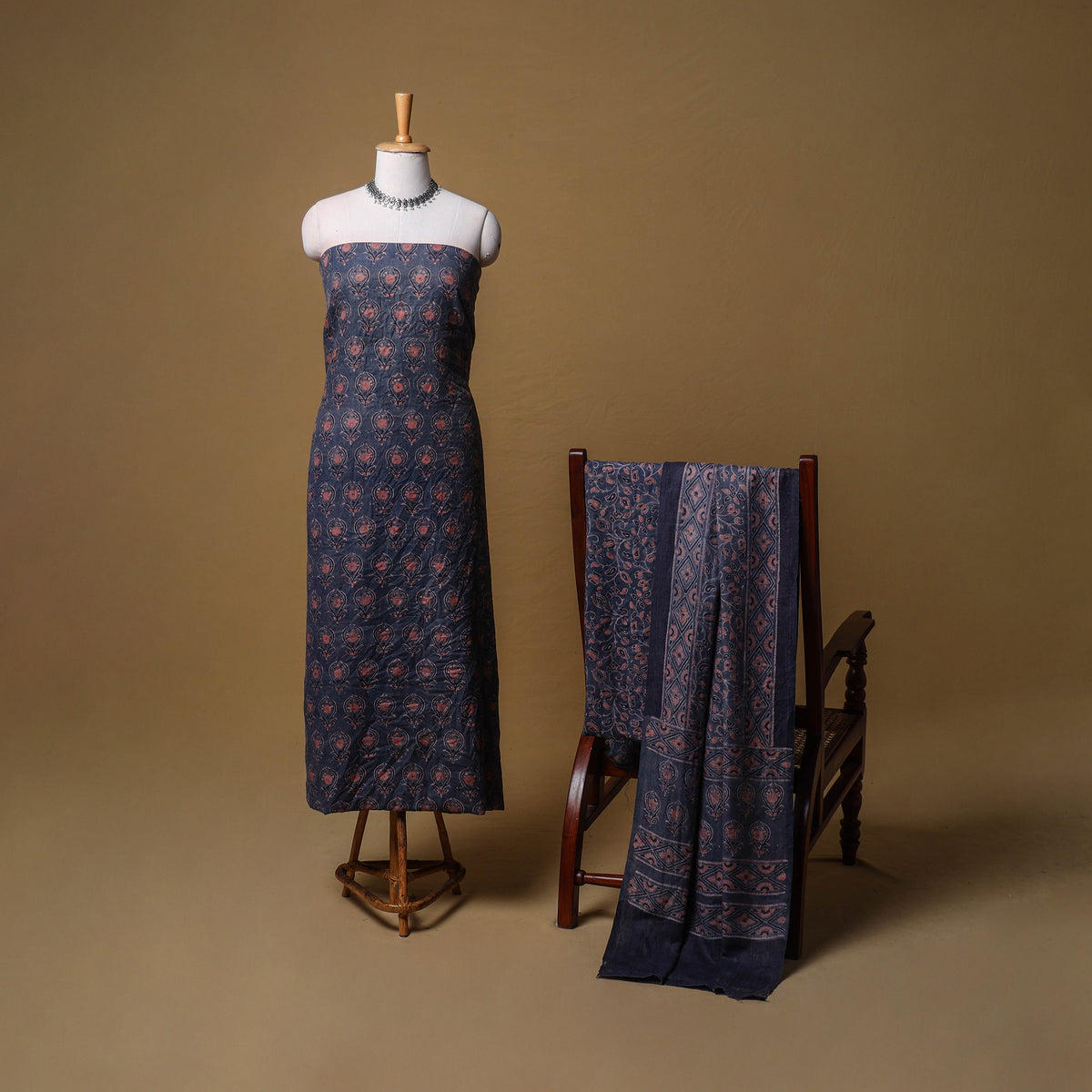 Woolen Ajrakh Hand Block Print Unstitched Dress Material: Kurta, Bottom with Dupatta 09