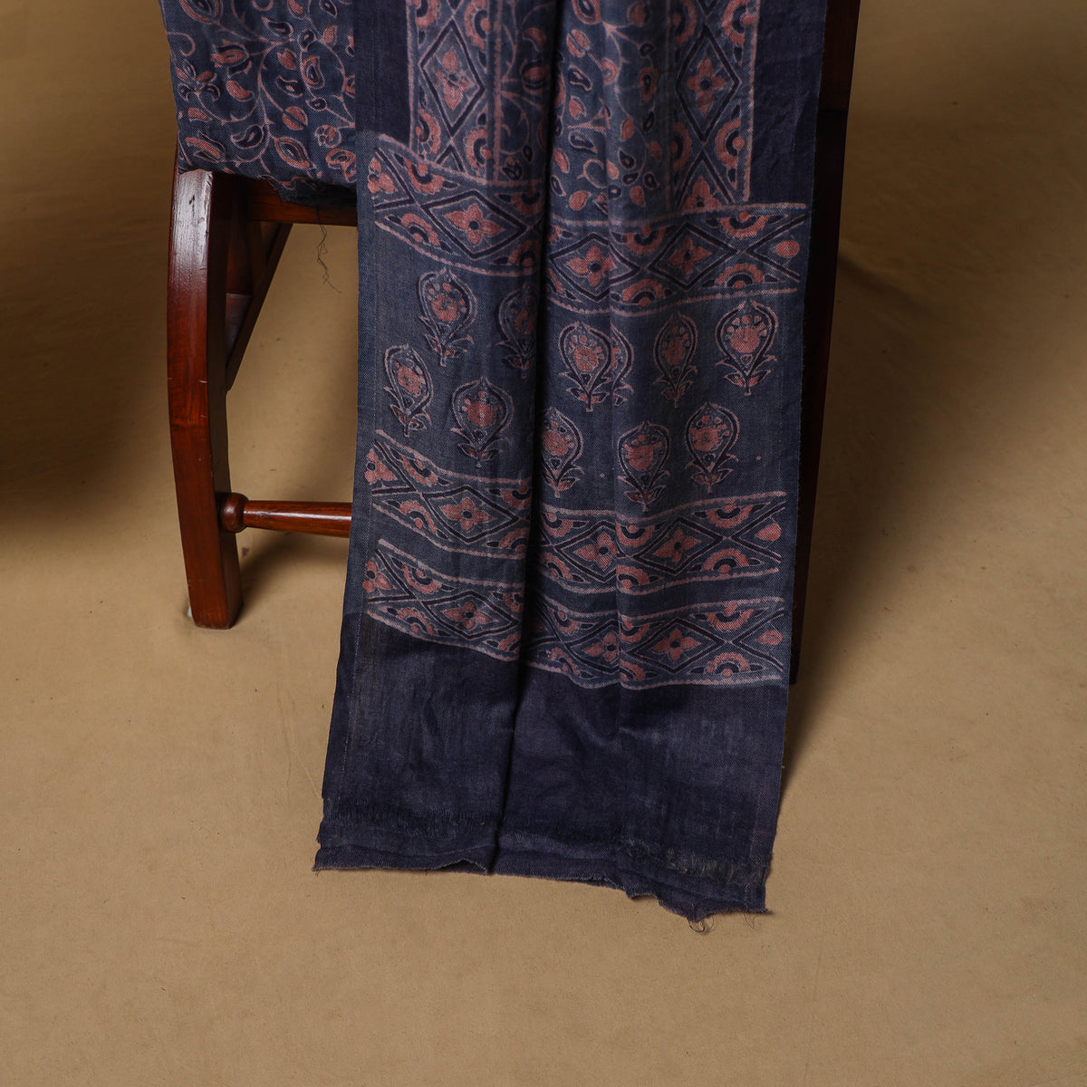 Woolen Ajrakh Hand Block Print Unstitched Dress Material: Kurta, Bottom with Dupatta 09