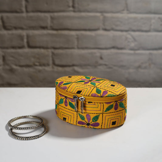 Yellow - Handcrafted Bengal Kantha Work Jewelry Box with Mirror 35