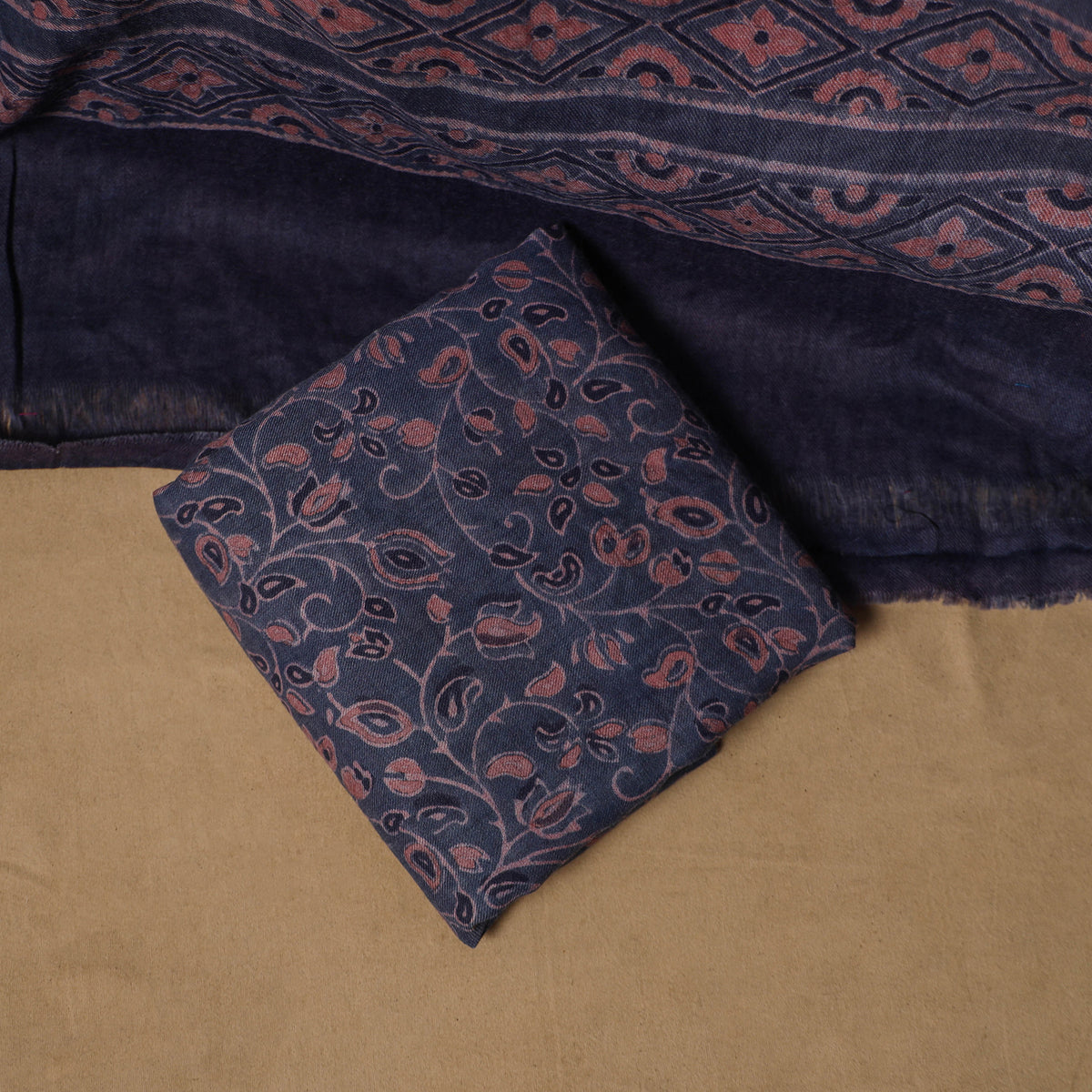 Woolen Ajrakh Hand Block Print Unstitched Dress Material: Kurta, Bottom with Dupatta 09