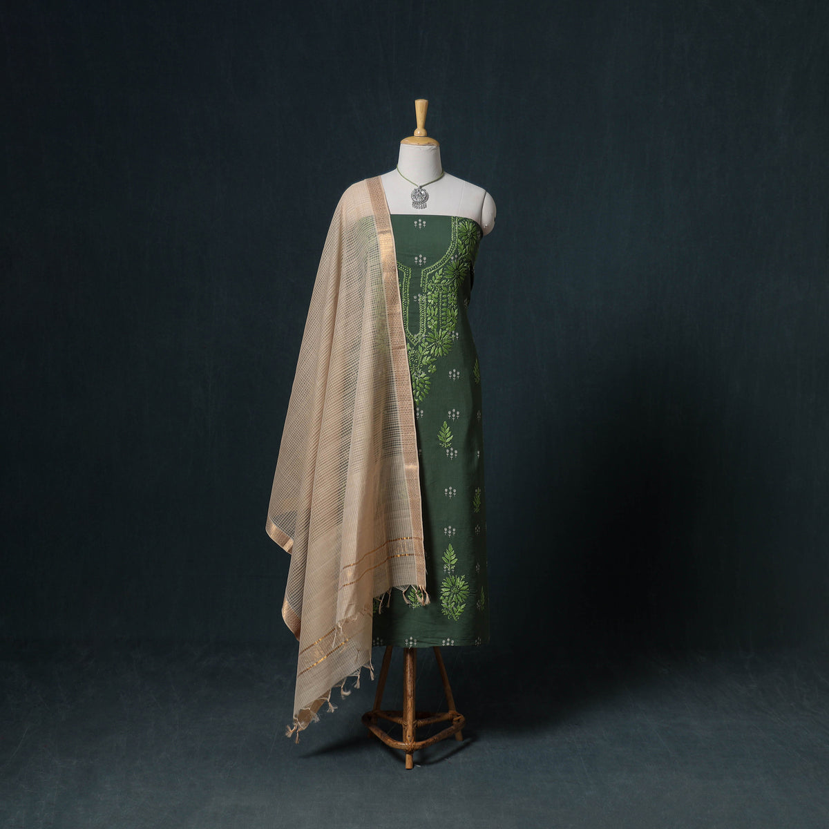 Lucknowi Chikankari Hand Work Unstitched Dress Material: Kurta & Dupatta with Jewellery 30