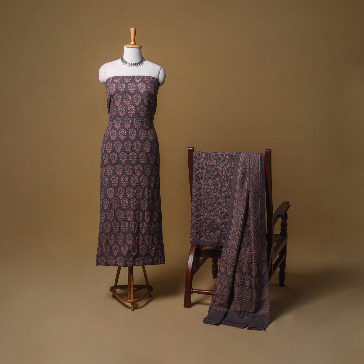 Woolen Ajrakh Hand Block Print Unstitched Dress Material: Kurta, Bottom with Dupatta 10