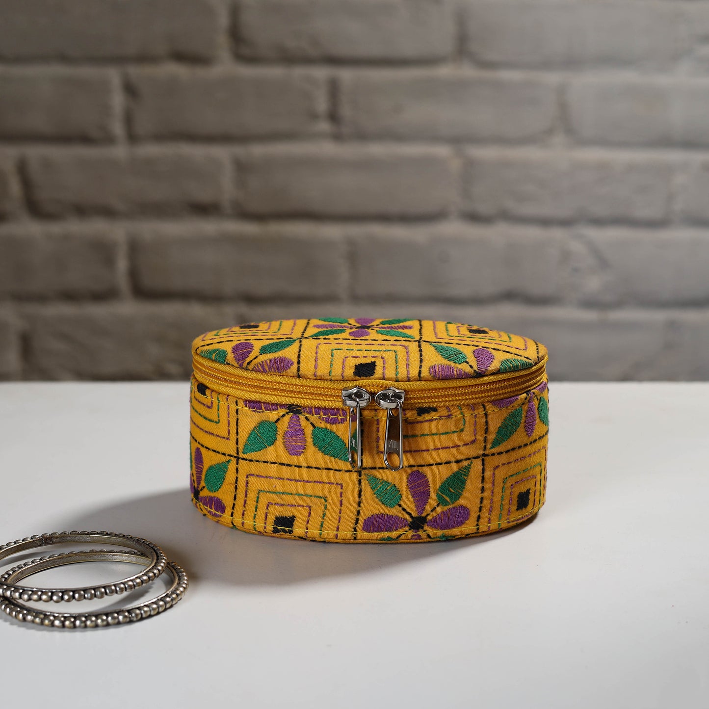 Yellow - Handcrafted Bengal Kantha Work Jewelry Box with Mirror 35