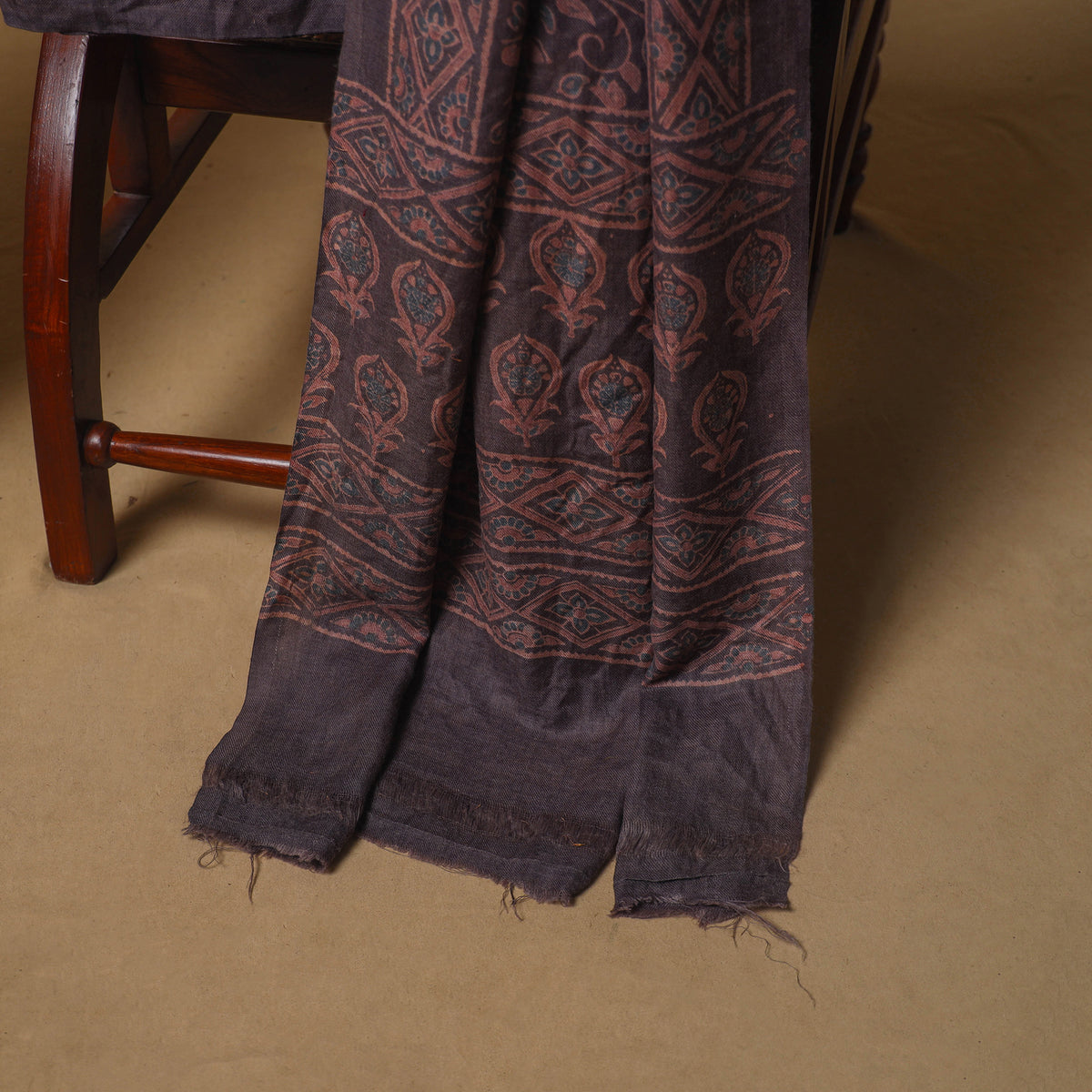 Woolen Ajrakh Hand Block Print Unstitched Dress Material: Kurta, Bottom with Dupatta 10