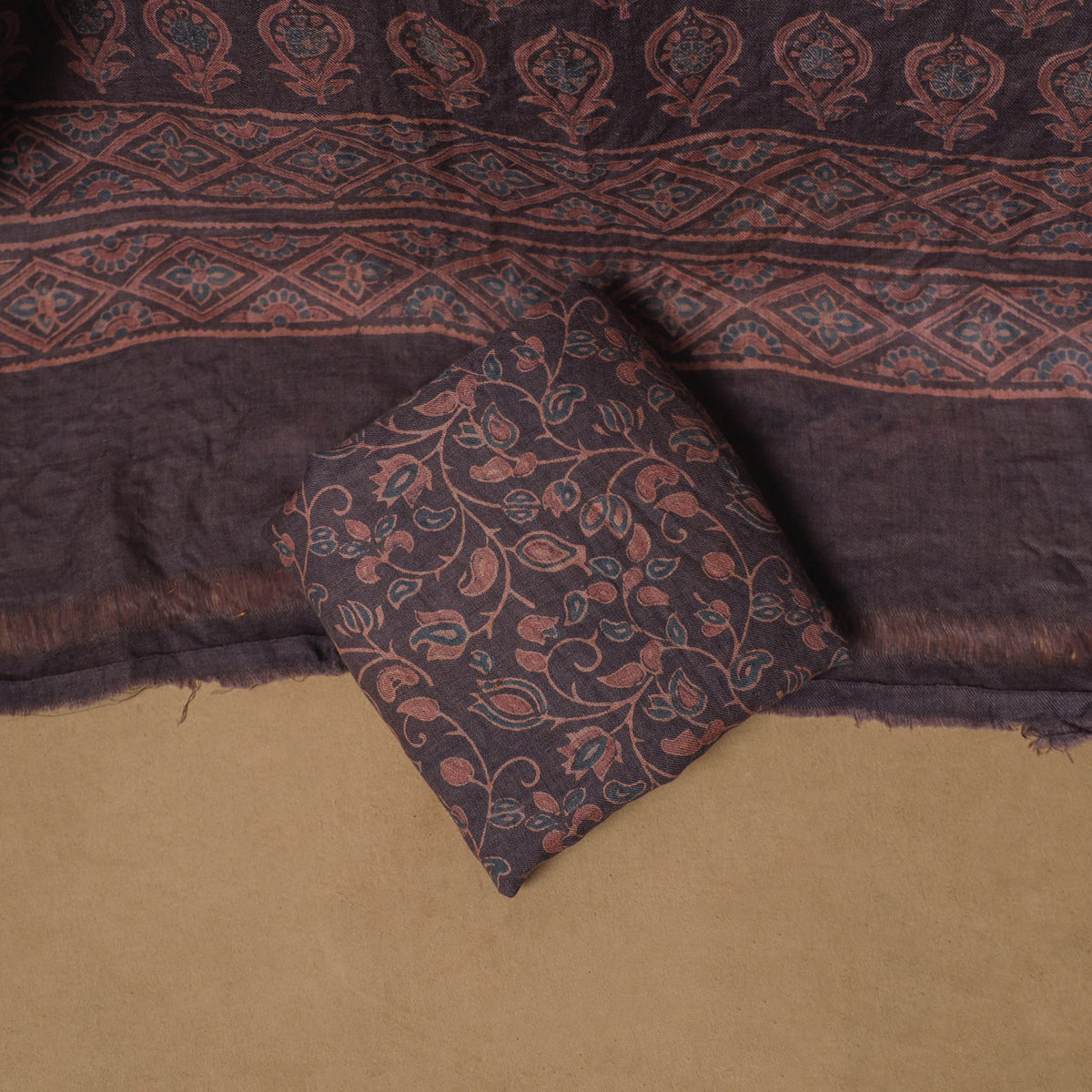 Woolen Ajrakh Hand Block Print Unstitched Dress Material: Kurta, Bottom with Dupatta 10