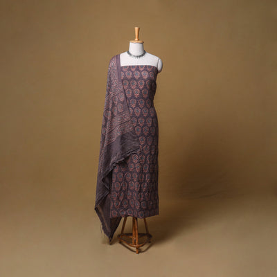 Woolen Ajrakh Hand Block Print Unstitched Dress Material: Kurta, Bottom with Dupatta 10
