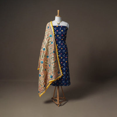 Bandhani Cotton Unstitched Dress Material: Kurta & Dupatta with Jewellery 23