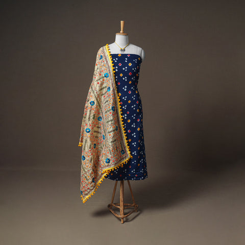 Blue - Bandhani Cotton Unstitched Dress Material: Kurta & Dupatta with Jewellery 23