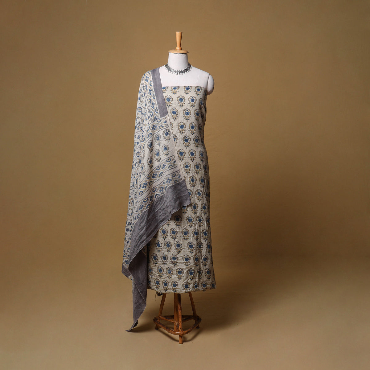 Woolen Ajrakh Hand Block Print Unstitched Dress Material: Kurta, Bottom with Dupatta 11