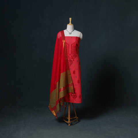 Lucknowi Chikankari Hand Work Unstitched Dress Material: Kurta & Dupatta with Jewellery 31