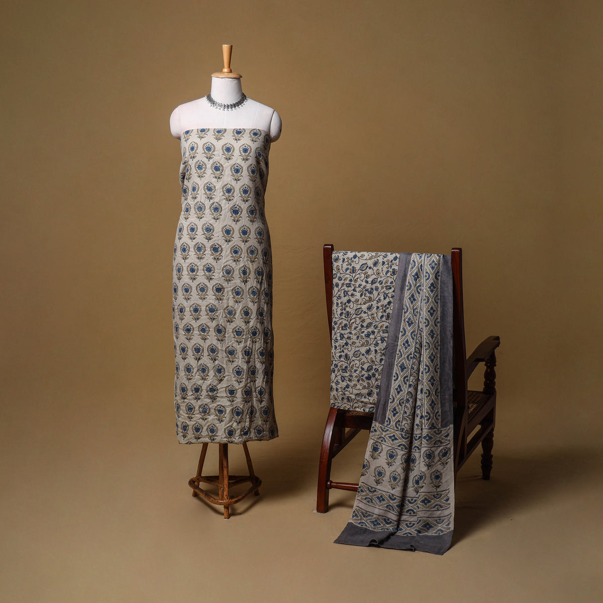 Woolen Ajrakh Hand Block Print Unstitched Dress Material: Kurta, Bottom with Dupatta 11
