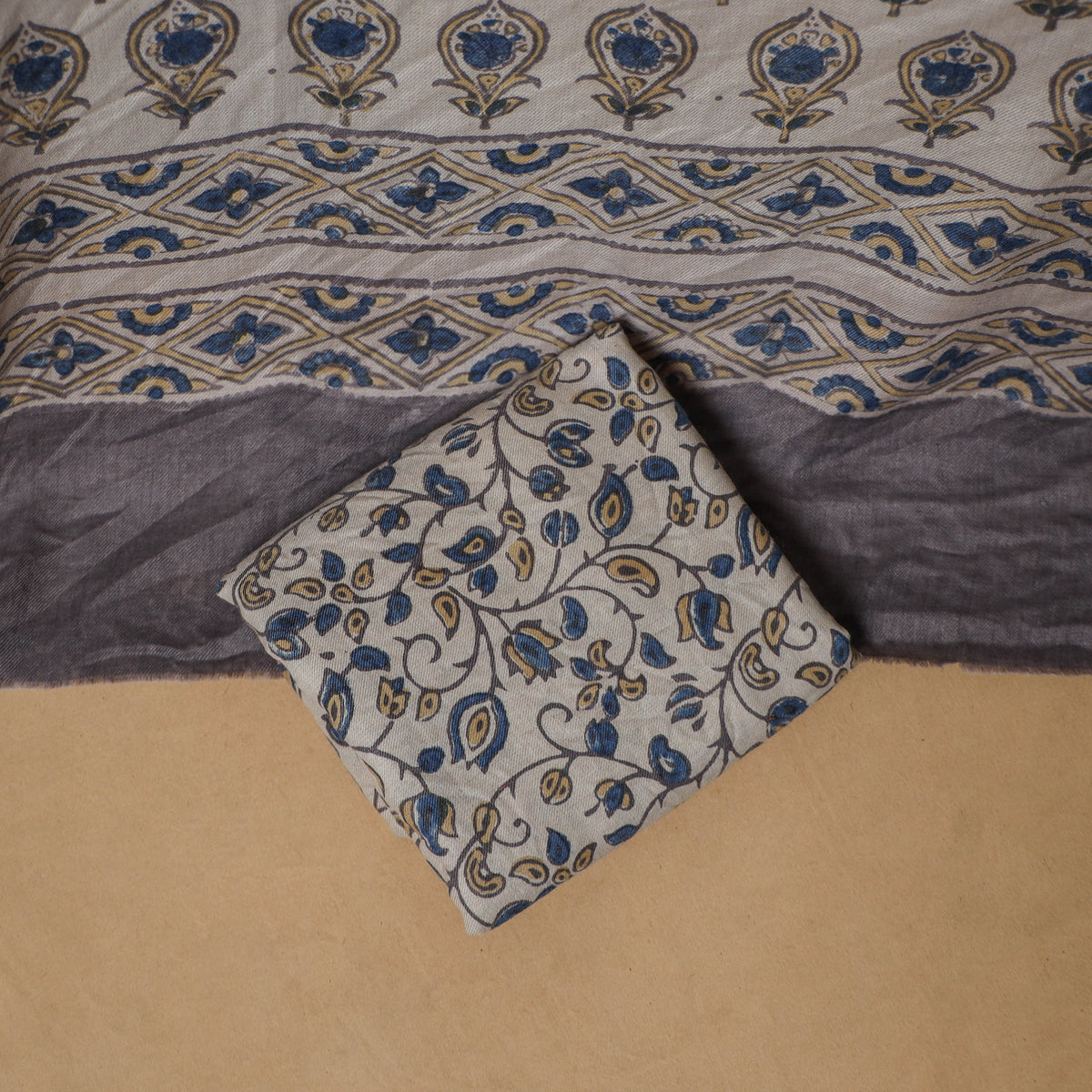 Woolen Ajrakh Hand Block Print Unstitched Dress Material: Kurta, Bottom with Dupatta 11