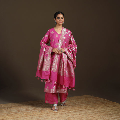 Pink - Banarasi Brocade Chiniya Silk Suit Set with Dupatta for Women 04