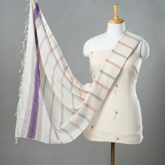 White - 2pc Phulia Jacquard Weave Handloom Cotton Suit Material Set