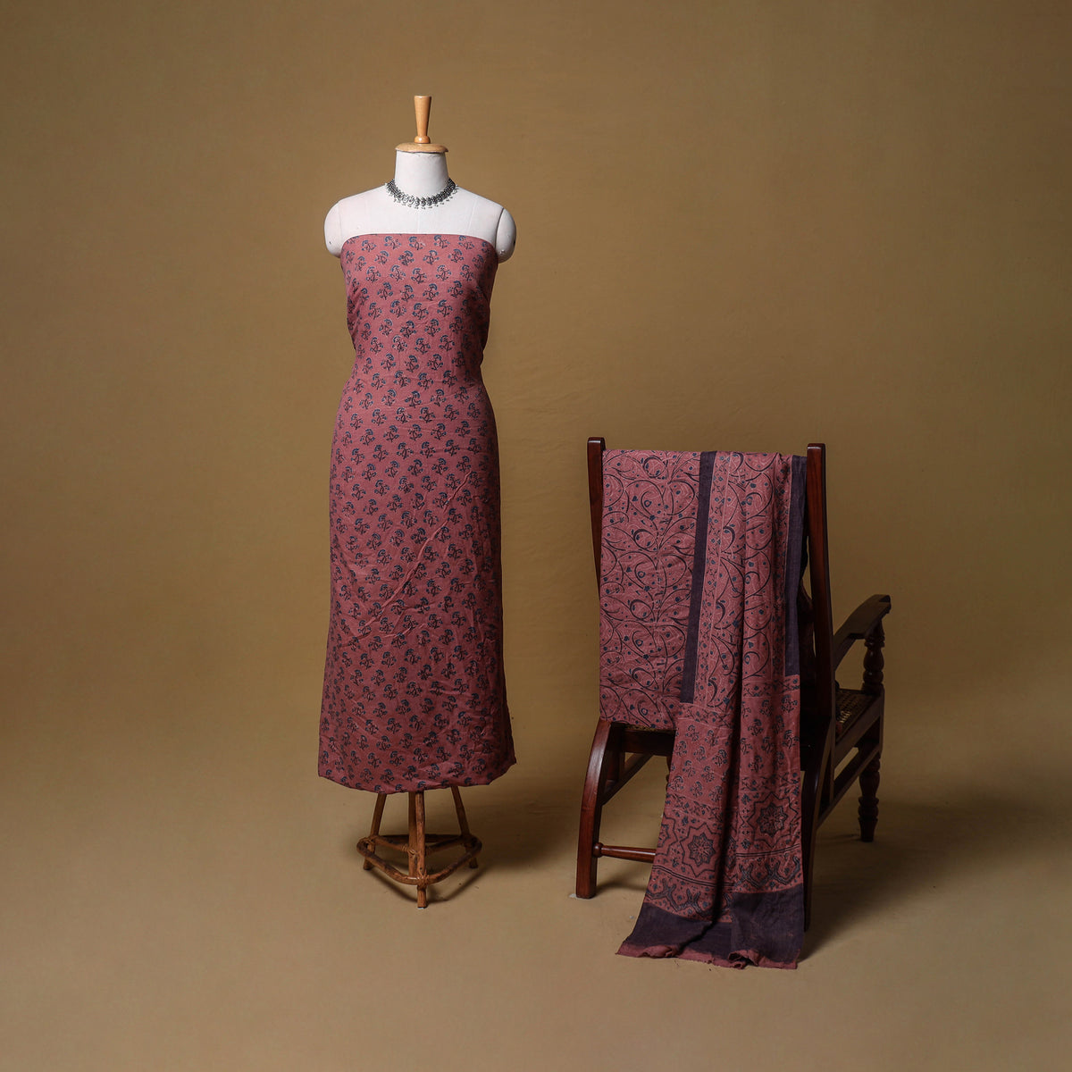 Woolen Ajrakh Hand Block Print Unstitched Dress Material: Kurta, Bottom with Dupatta 12