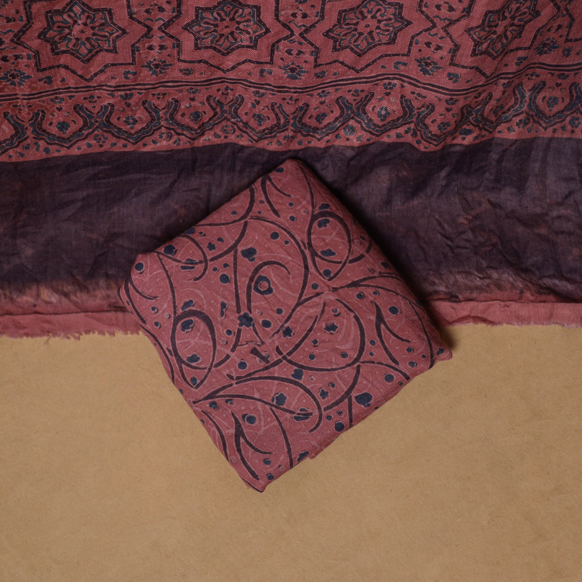 Woolen Ajrakh Hand Block Print Unstitched Dress Material: Kurta, Bottom with Dupatta 12