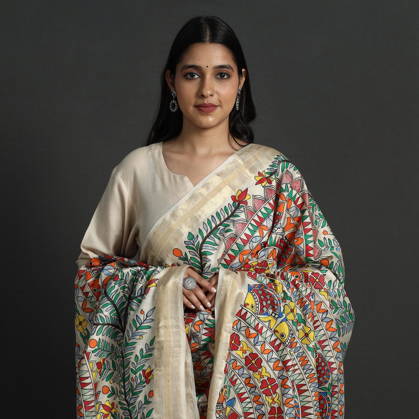 Multicolor - Madhubani Handpainted Tussar Cotton Handloom Zari Border Dupatta with Tassels