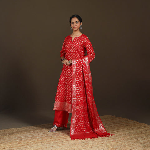 Red - Banarasi Brocade Katan Silk Suit Set with Dupatta for Women 14