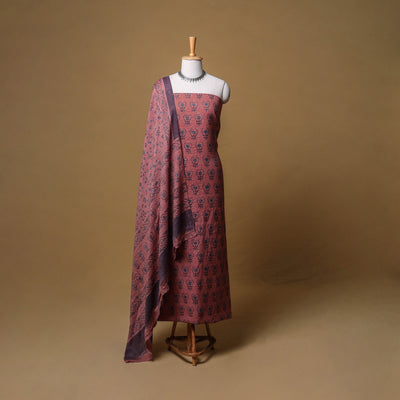 Woolen Ajrakh Hand Block Print Unstitched Dress Material: Kurta, Bottom with Dupatta 13